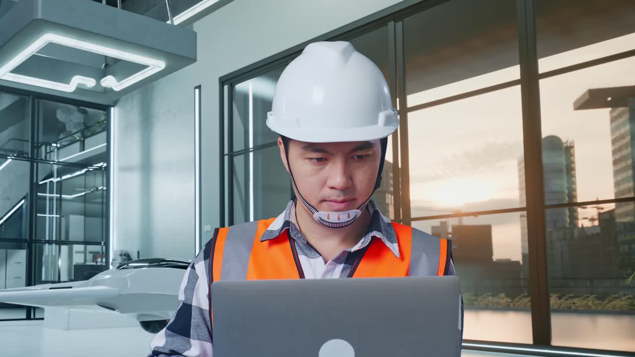 Primer plano de ingeniero asiático con casco de seguridad trabajando en un portátil mientras está de pie con un proyecto de dron.