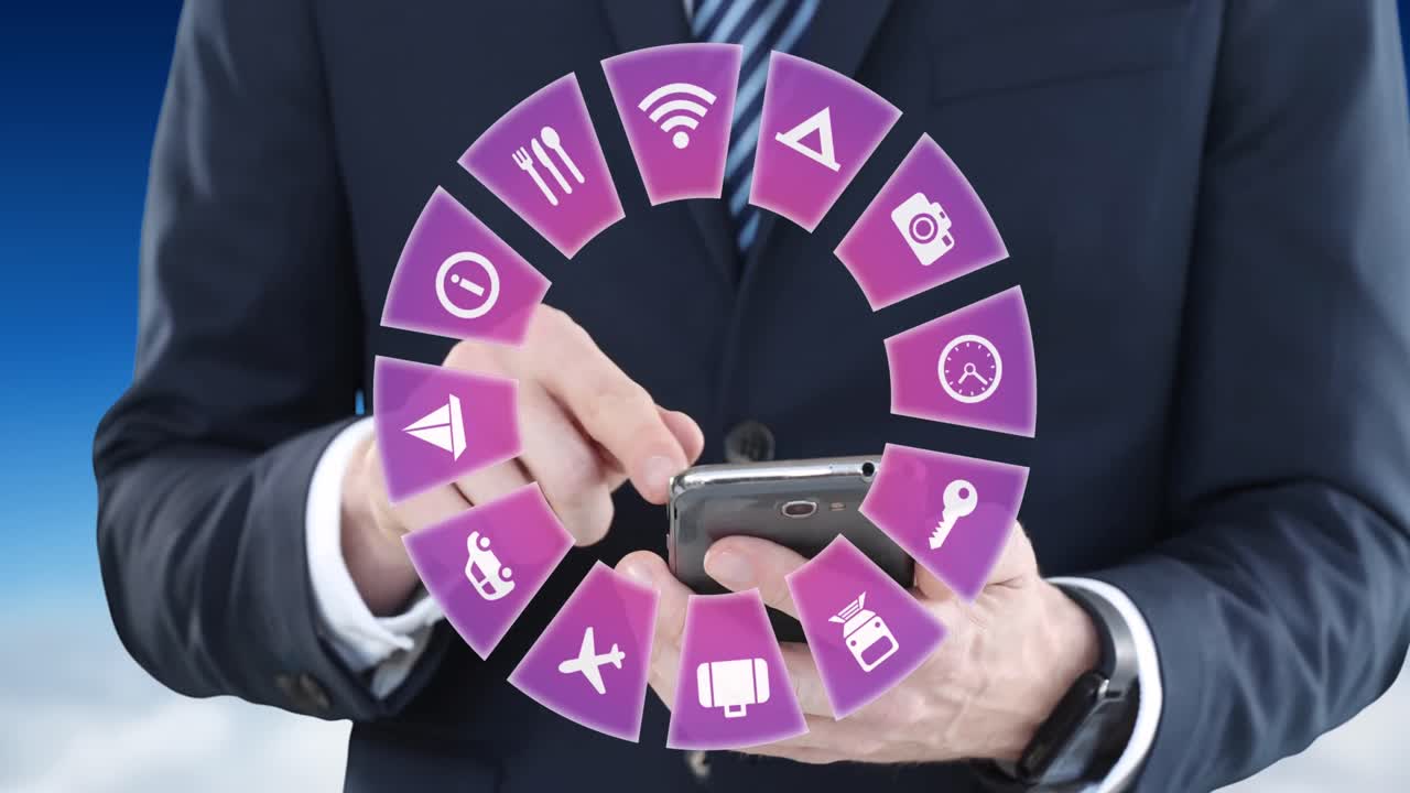 animación de iconos de viajes y hombre caucásico usando un teléfono inteligente