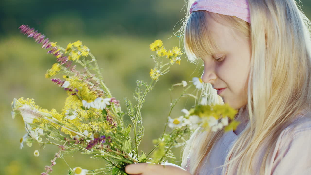 una niñita linda colecciona composición de flores silvestres en un fondo de paisaje verde