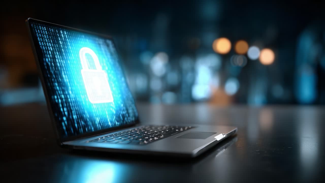 A Secure Digital Environment: Illustrating Cybersecurity with a Focus on Encryption, Lock Symbols, and Data Protection in a Futuristic Setting