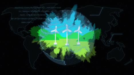 animation of globe and data processing over wind turbines