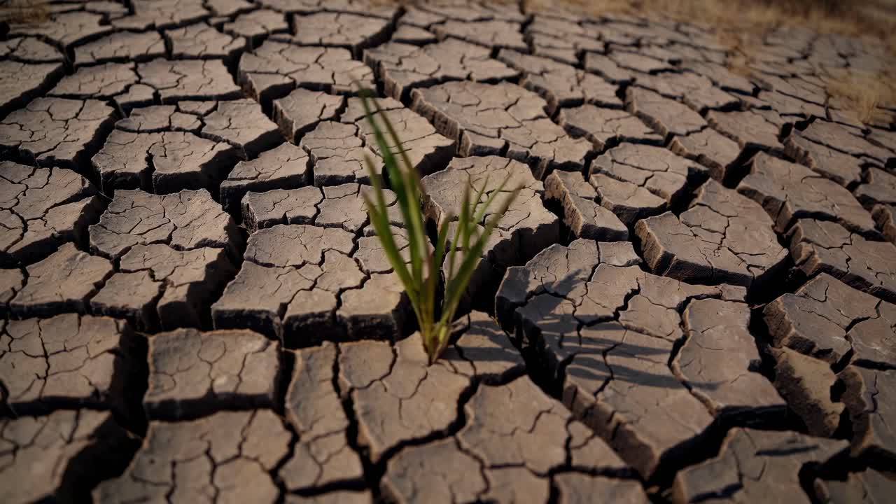 Low-angle video shot of cracked, arid earth with a lone tree in the distance, capturing the stark