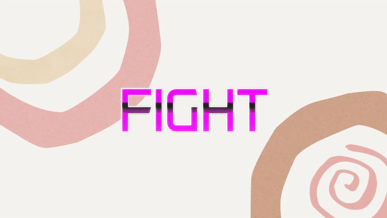 Bold pink text Fight over abstract spiral shapes on light background in animation