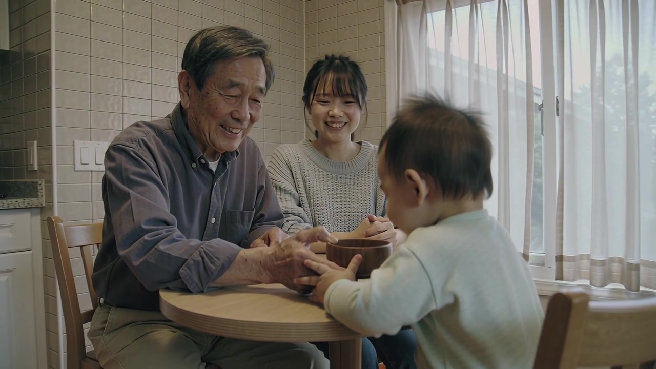 キッチンで年配の男性が幼児に木のボウルを差し出し、母親がそれを見守りながら促している