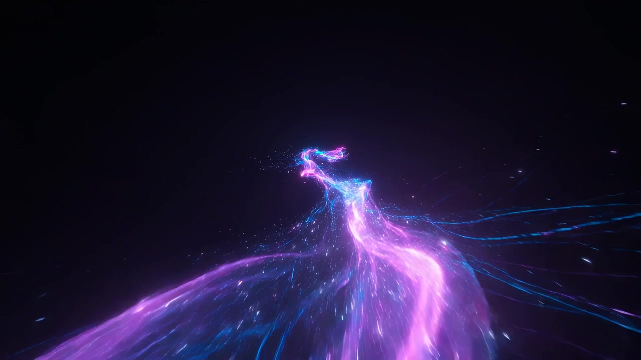 Camera tracking glowing cyan-magenta ribbon pulling to bright knot in dark void, scattering sparks