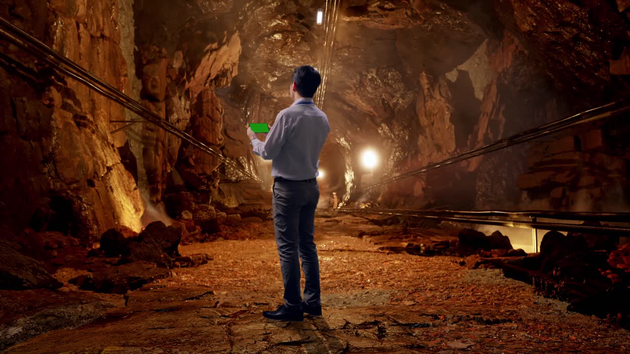 Full Body Back View Of An Asian Male Professional Worker Standing With Green Screen Smartphone In Underground Mine Tunnel, Industrial Facility