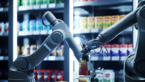 automated robotics in retail: advanced robotic arms collaborating to manage inventory and streamline operations in a high-tech store environment