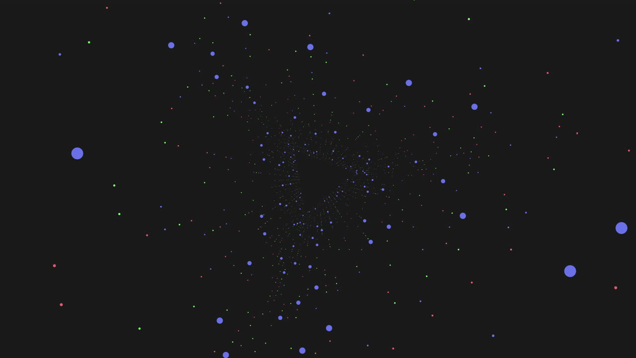 Dynamic footage of multicolored particles forming a swirling tunnel on a black background, creating a futuristic warp speed effect for sci fi, tech, and motion design