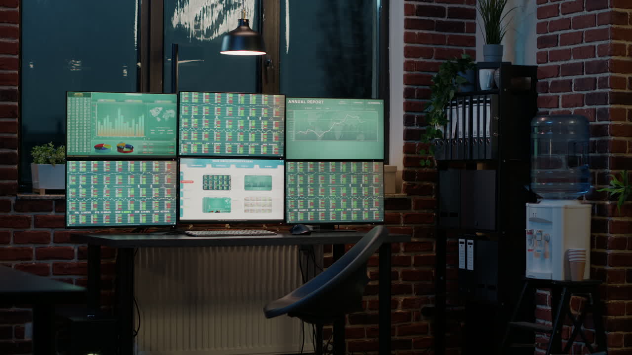 Empty workstation with multiple monitors measuring sales statistics