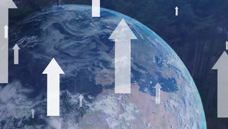 Komposition-Aus-Weißen-Pfeilen,-Die-Nach-Oben-über-Den-Globus-Zeigen