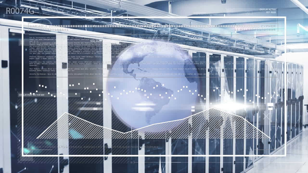 Animation of interface with data processing over spinning globe against computer server room