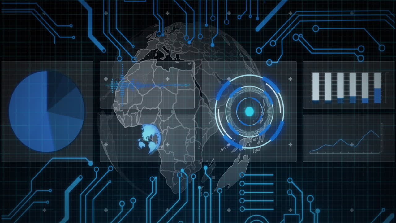 Animation of data processing, globe and computer circuit board