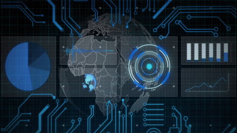 animation of data processing, globe and computer circuit board
