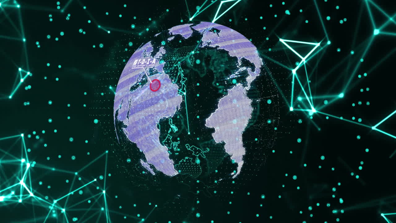 Animation of digital globe with network connections highlighting region in red circle