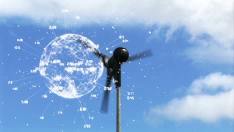 animation of globe with numbers over wind turbine in countryside