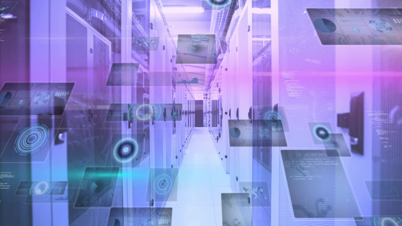 Data center corridor running between racks while projecting floating holographic icons in 3D render