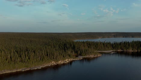 Vista-Aérea-De-Un-Bosque-Y-Un-Lago-Al-Atardecer