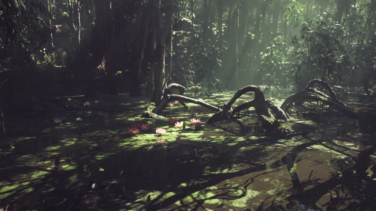 un pantano de selva exuberante y brumoso con la luz del sol filtrándose a través de los árboles