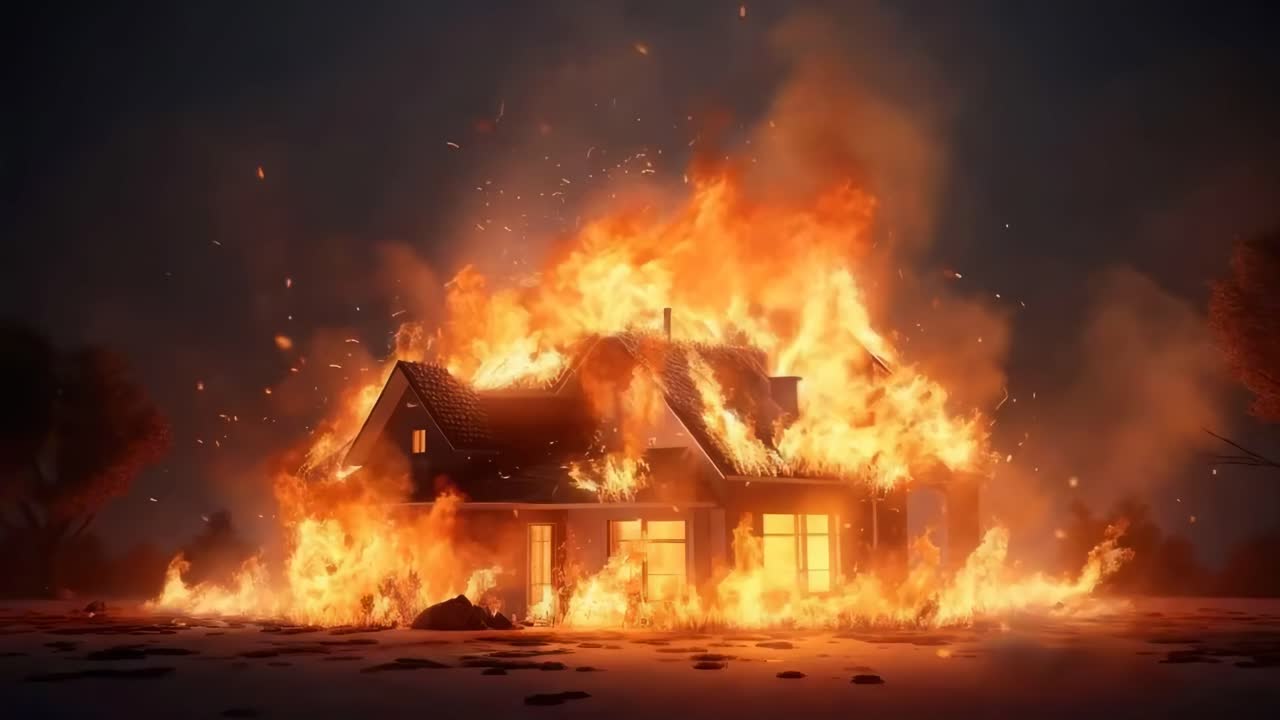 Dramatic video still of a house engulfed in flames, captured from a low-angle
