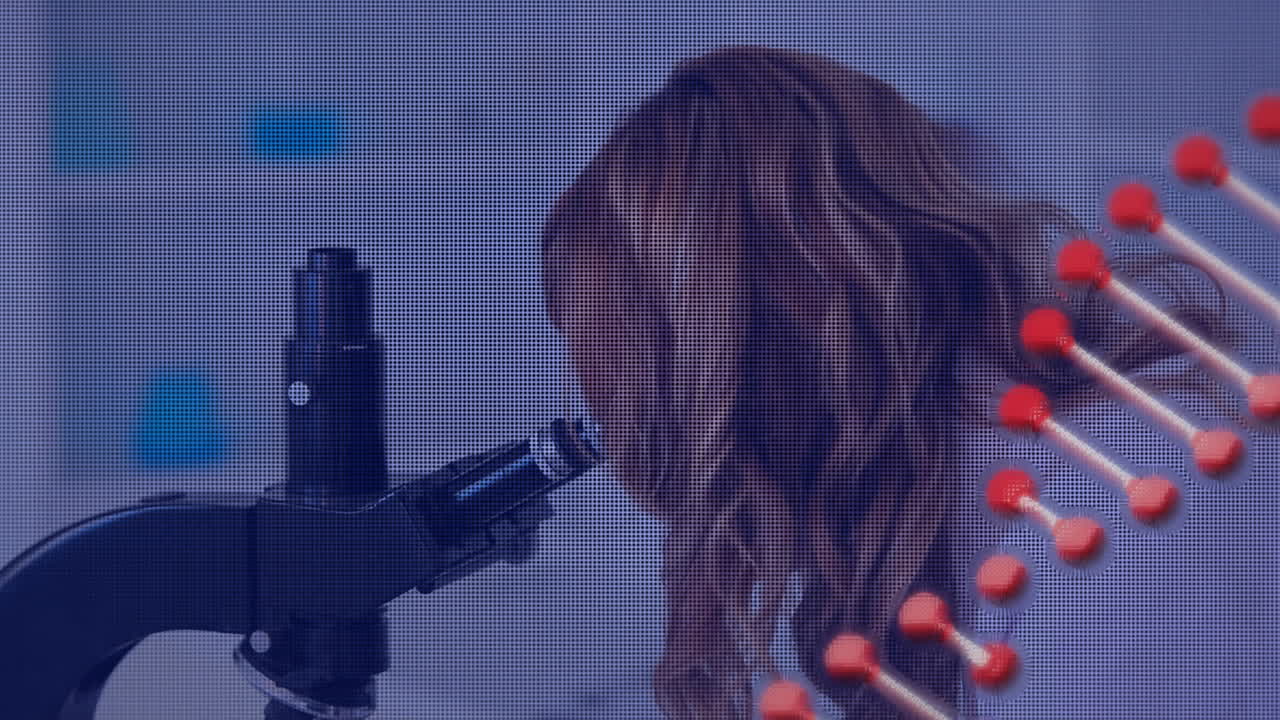 animación de la cadena de adn girando sobre el científico en el laboratorio