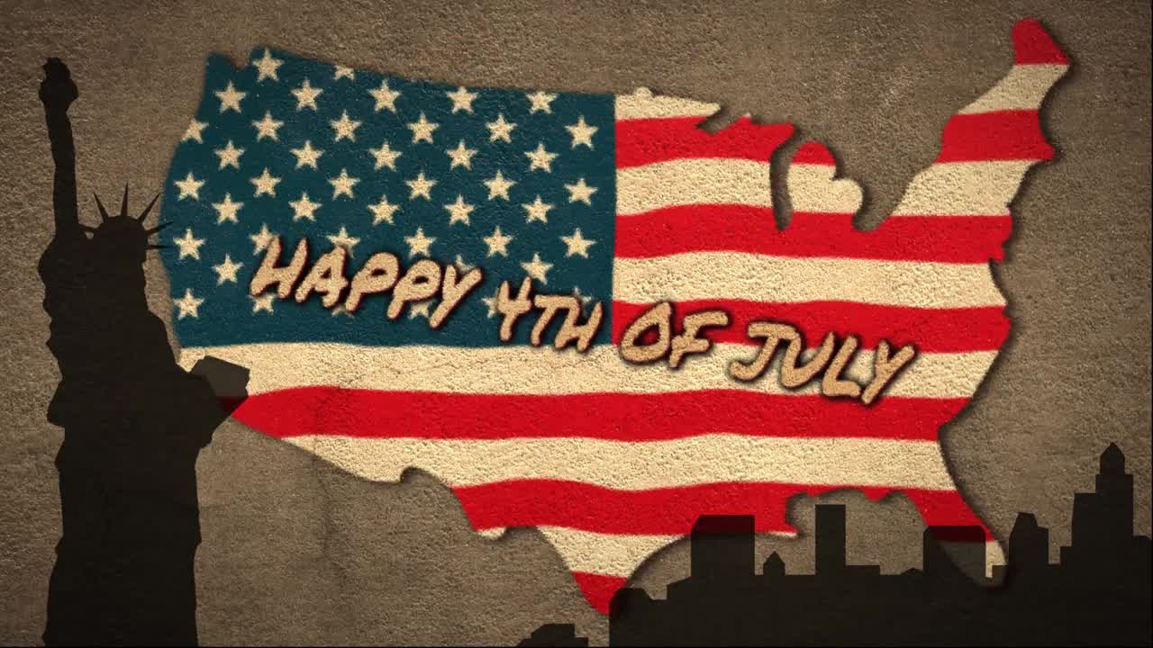 자유의 여신상을 배경으로 한 미국 지도에 있는 독립기념일 텍스트