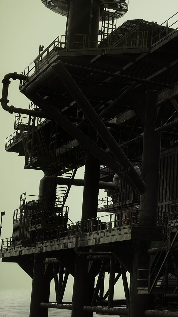 Exploring the intricate architecture of an offshore oil rig at twilight