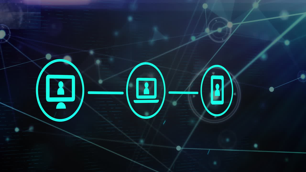 animación de iconos digitales y red de conexiones contra un rastro de luz brillante sobre fondo azul