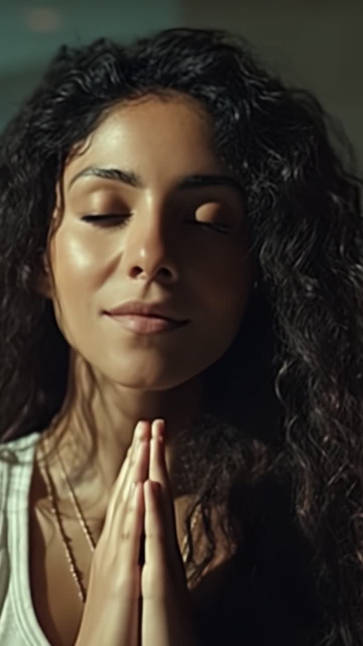 Un sereno momento di consapevolezza e pace interiore, mentre una giovane donna pratica la meditazione con gli occhi chiusi e le mani in posizione di preghiera, su uno sfondo tranquillo.