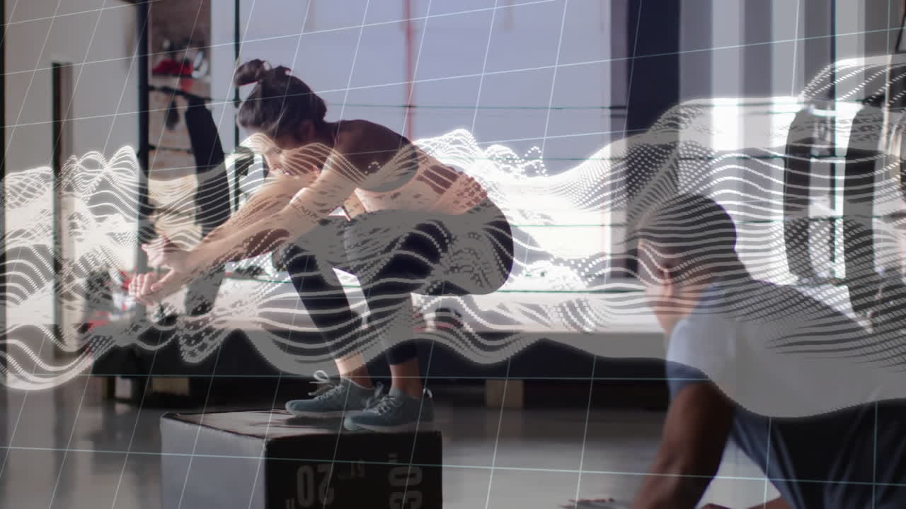 Woman exercising with digital wave animation overlay in gym setting