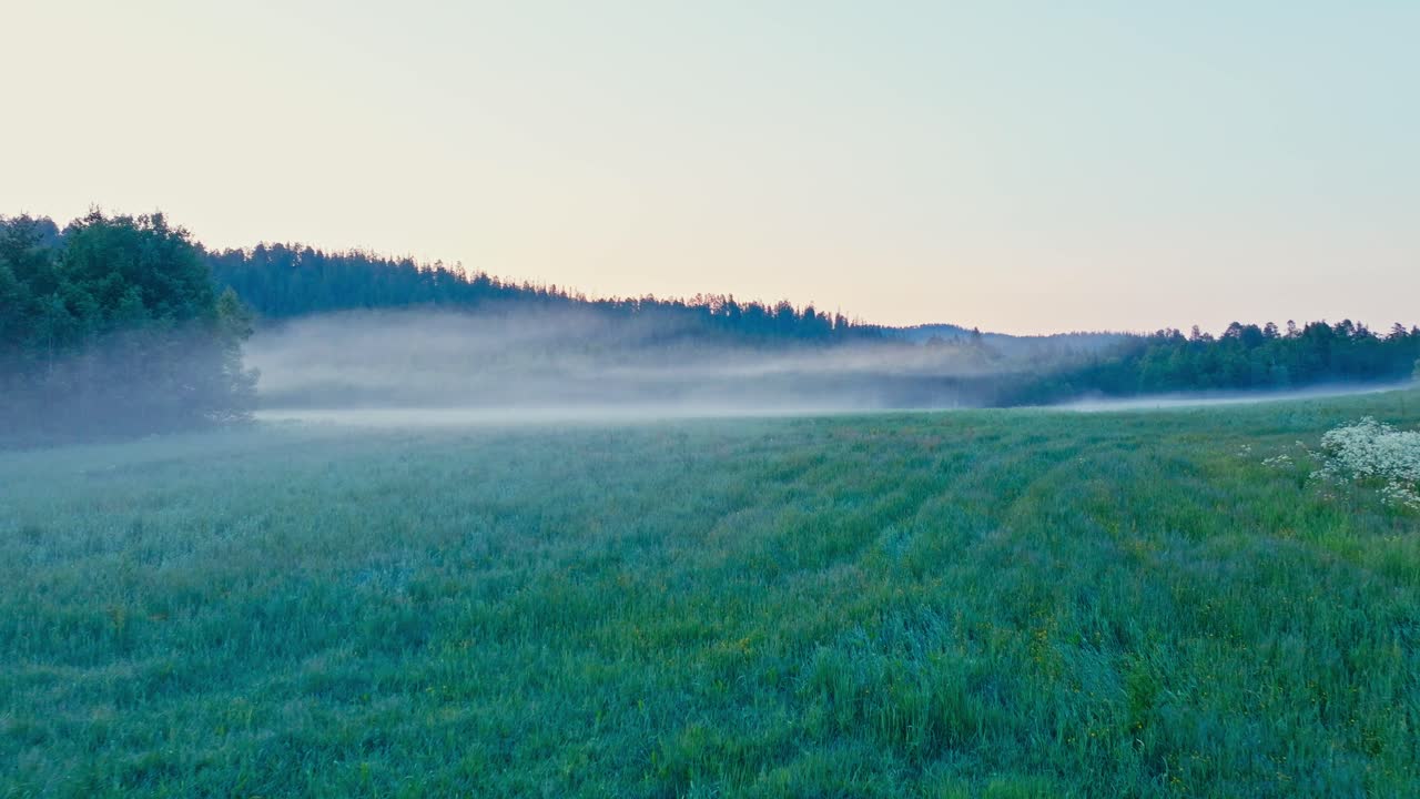 Misty Landscape With Green Lush Field In Norway - Drone Shot