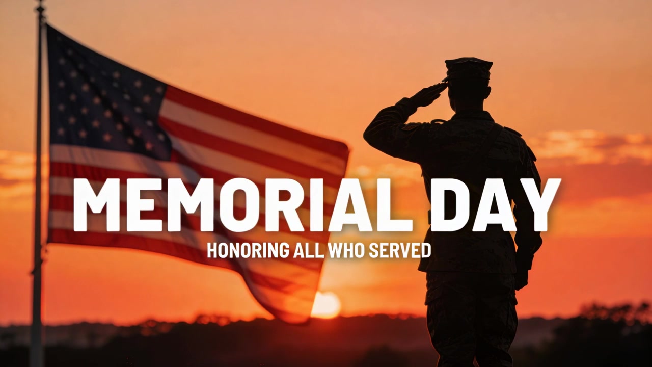Militare in uniforme che saluta in piedi al tramonto, in onore del MEMORIAL DAY con la bandiera degli Stati Uniti.