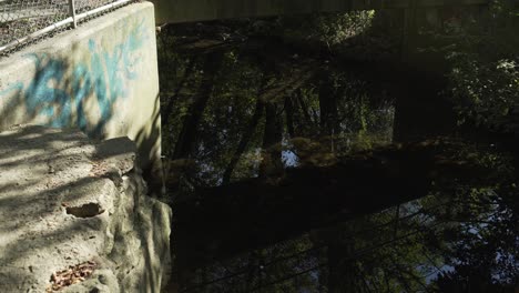 Viejo-Puente-De-Hormigón-De-Graffiti-Con-Agua-Ondeando-Pacíficamente-Debajo-De-4k