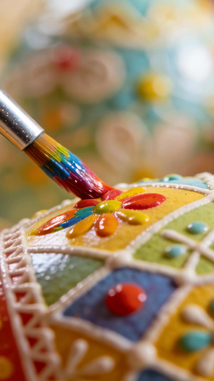 Pincel pintando pétalo amarillo en huevo ornamentado en mesa de manualidades, mostrando un segundo huevo borroso.