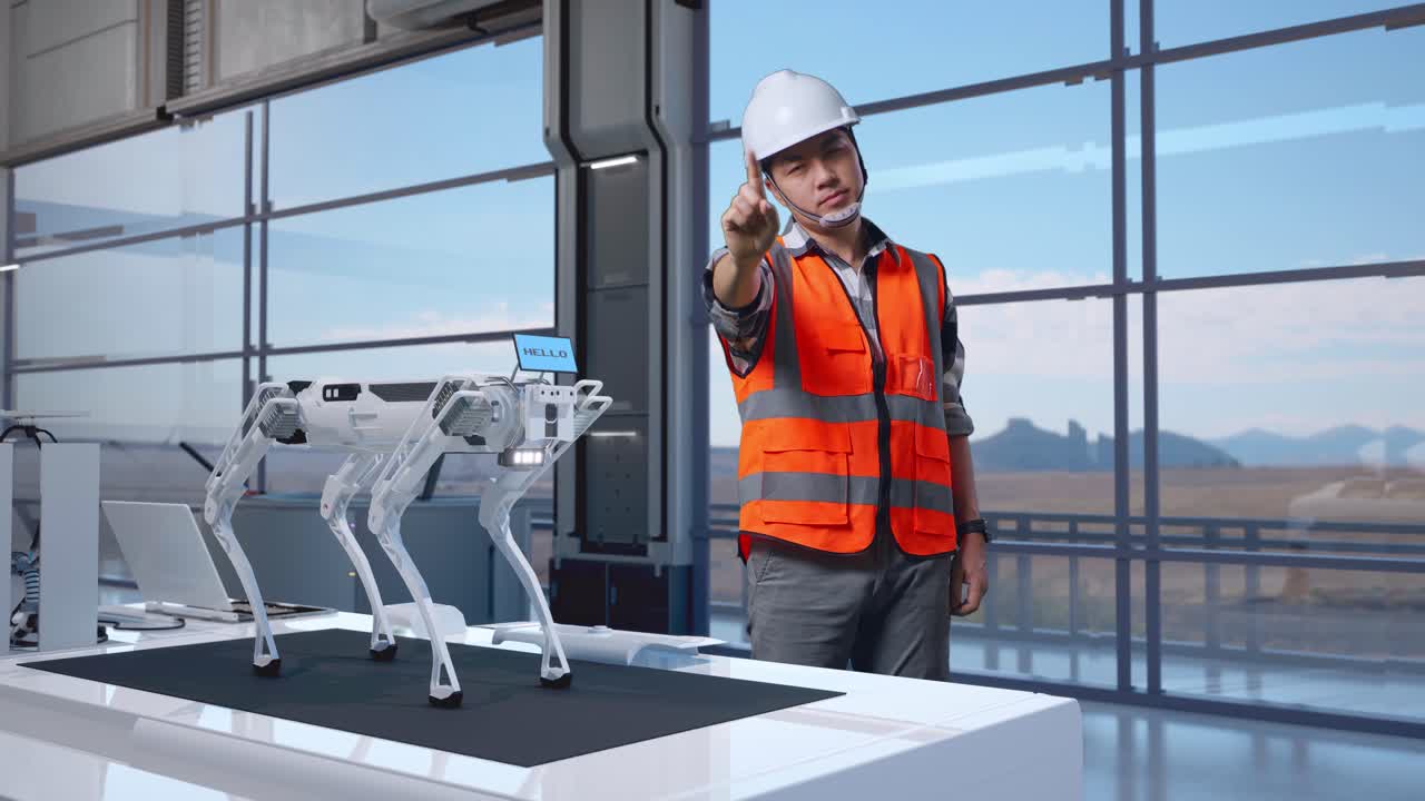 Full Body Of Asian Male Engineer With Safety Helmet Disapproving With No Index Finger Sign While Standing in High Tech Factory, Analyzing Robotic Machine Concept