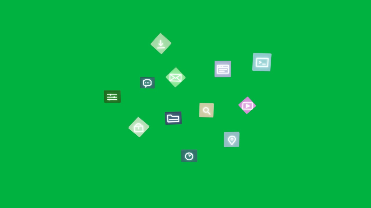 On load teal-icon starting, icons showing, forming ring, shrinking on transparent-bg showing menu