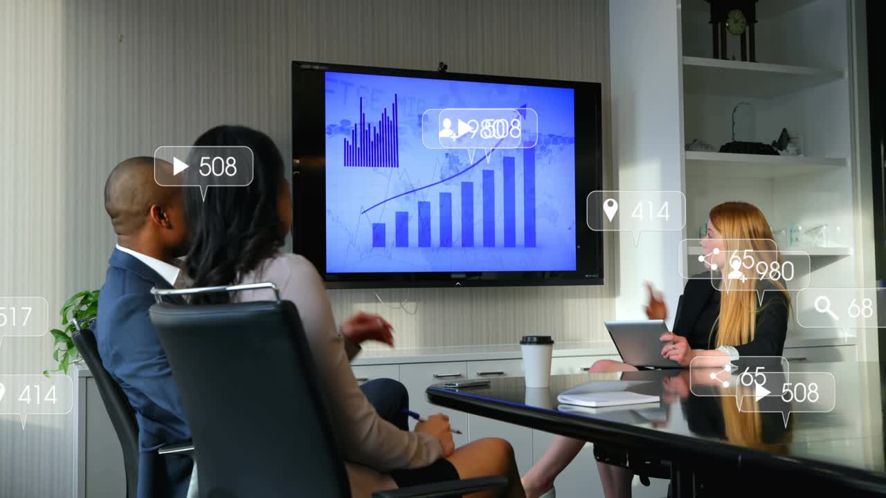 Business presenter tapping tablet and pointing during meeting shifting circles to bars icons rising