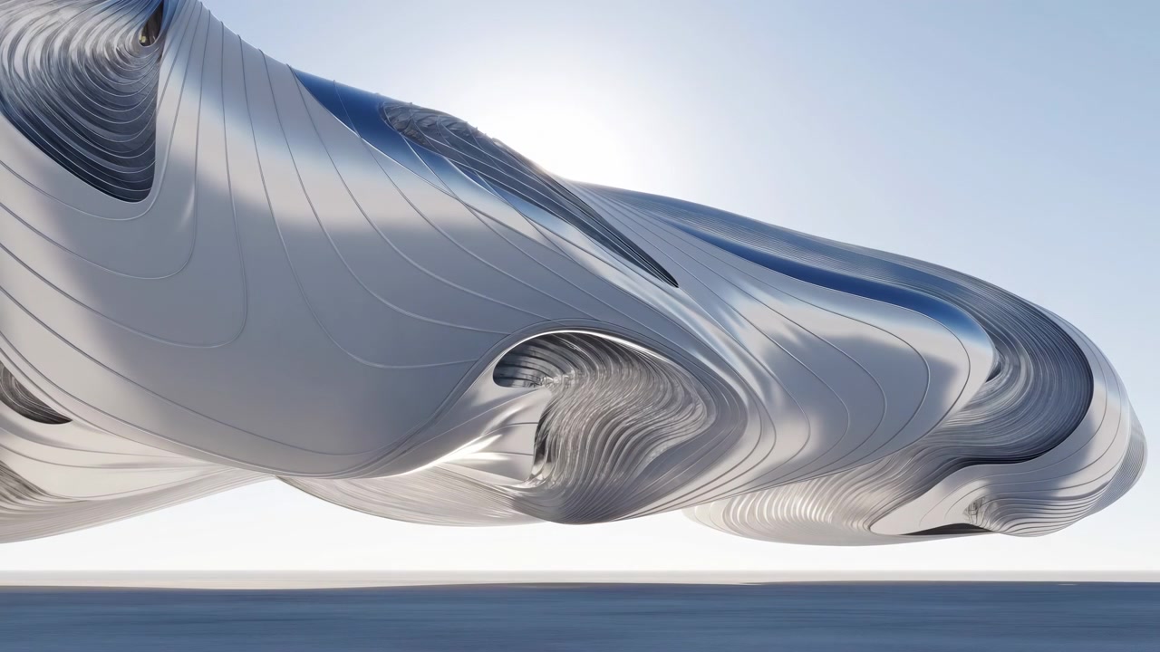 Scultura metallica sospesa inclinata con pannelli curvi stratificati, giunture che si aprono, cavità a coste, superfici riflettenti, retroilluminazione brillante, alone soffuso, orizzonte calmo, movimento astratto elegante