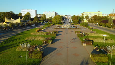 Aerial-flight-over-empty-city-walkway