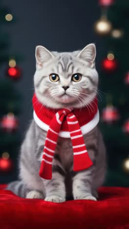 Festive cat in a red scarf, sitting against a blurred Christmas tree background