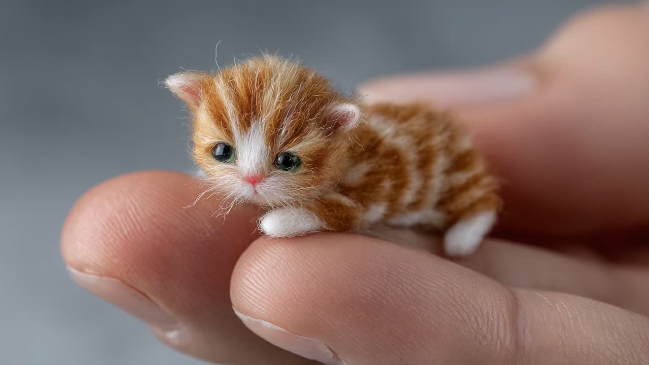 Un gattino minuscolo, delicato e adorabile, rannicchiato in una mano umana, che mette in mostra tutta la sua tenerezza e il suo fascino con sorprendenti occhi verdi e morbide strisce