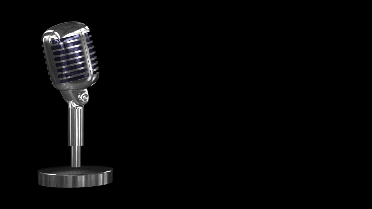 캐스트 및 오디오북 배경 시각은 검은색 배경에 회전하는 크롬 마이크 - 원활한 루핑