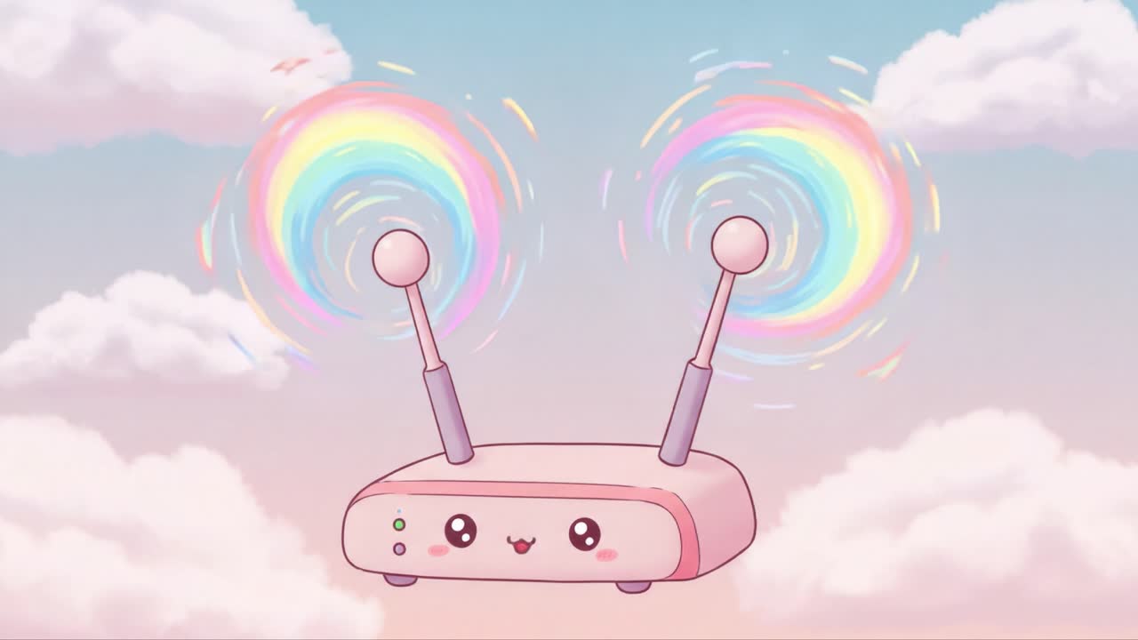 An adorable animated router with two antennas creating vibrant rainbow swirls against a whimsical pastel sky filled with fluffy clouds, adding a playful touch to technology