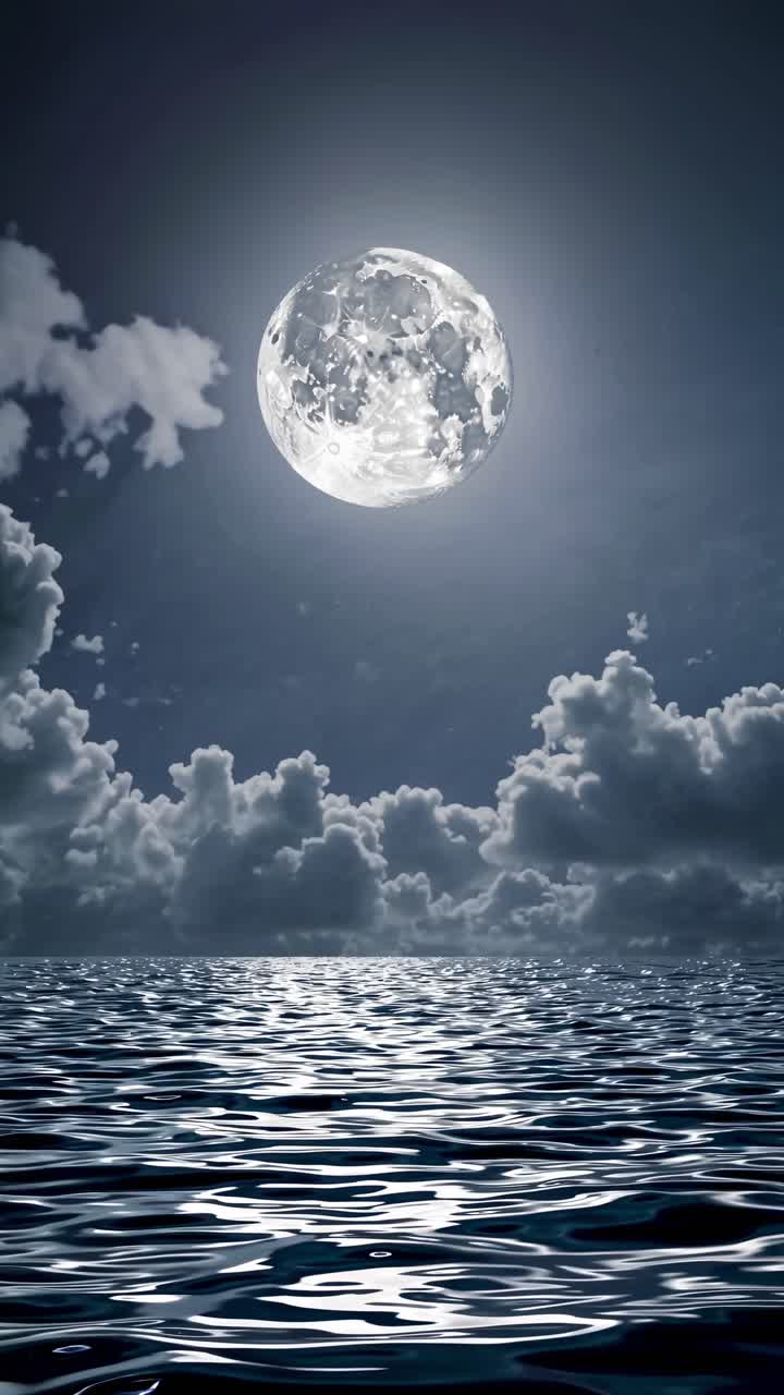 A serene video scene of a full moon over a calm ocean, captured from a low angle