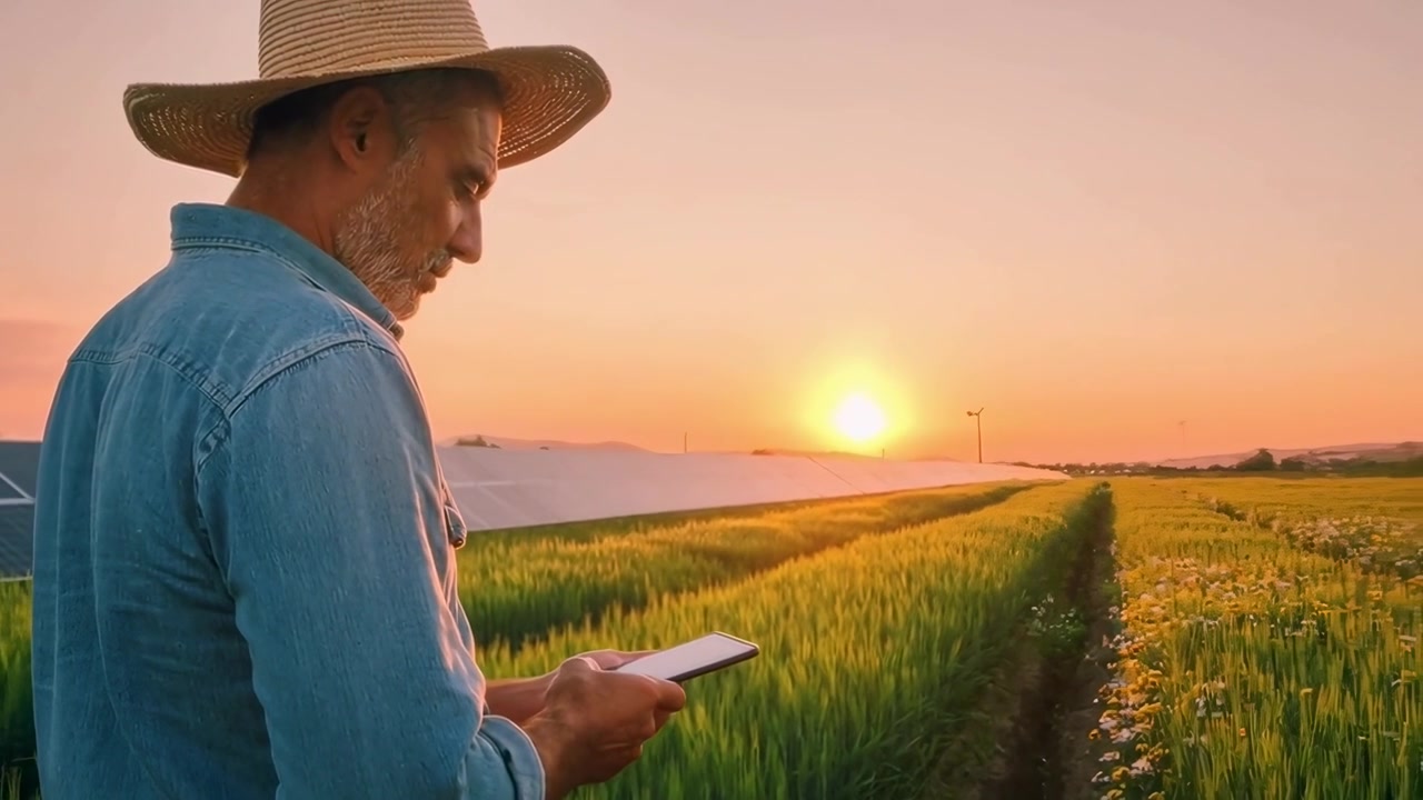 Contadino che usa lo smartphone in un campo di grano con pannelli solari al tramonto