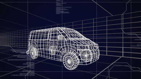 animación de dibujos 3d blancos de automóviles y procesamiento de datos técnicos