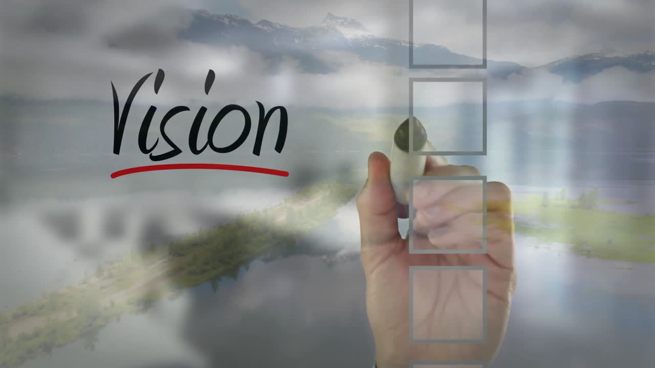 Animation of misty mountain and lake landscape with vision text and checkboxes