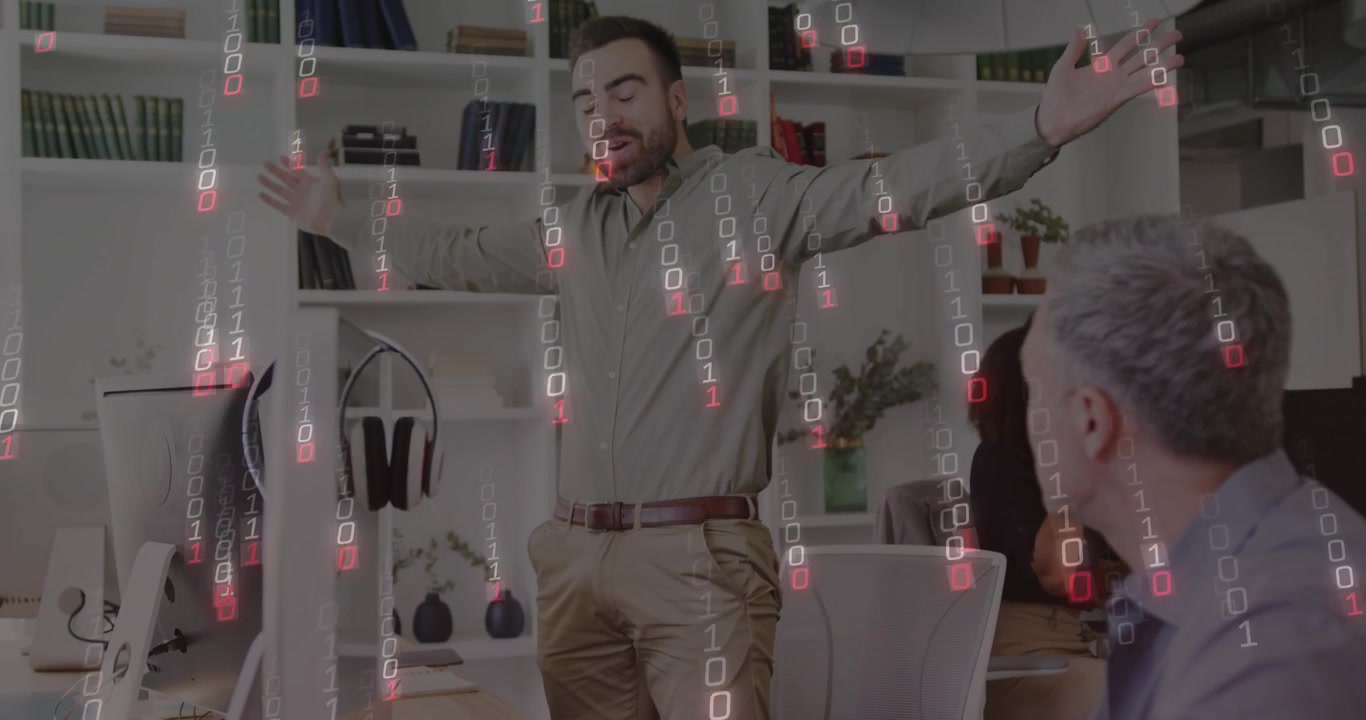 Male employee raising arms and starting binary cascade then relaxing stance for technology demo