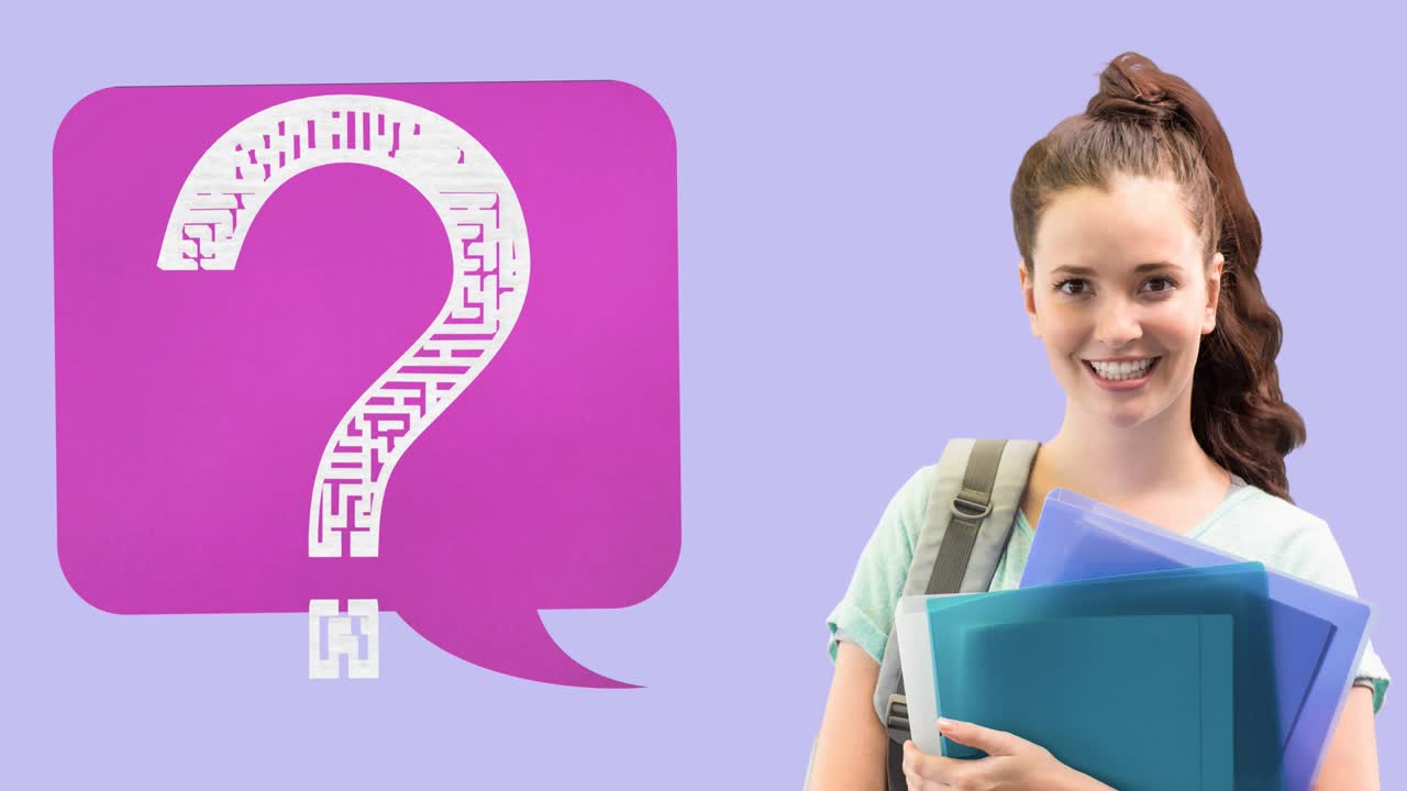 animación de una burbuja de habla con un signo de pregunta sobre una estudiante caucásica
