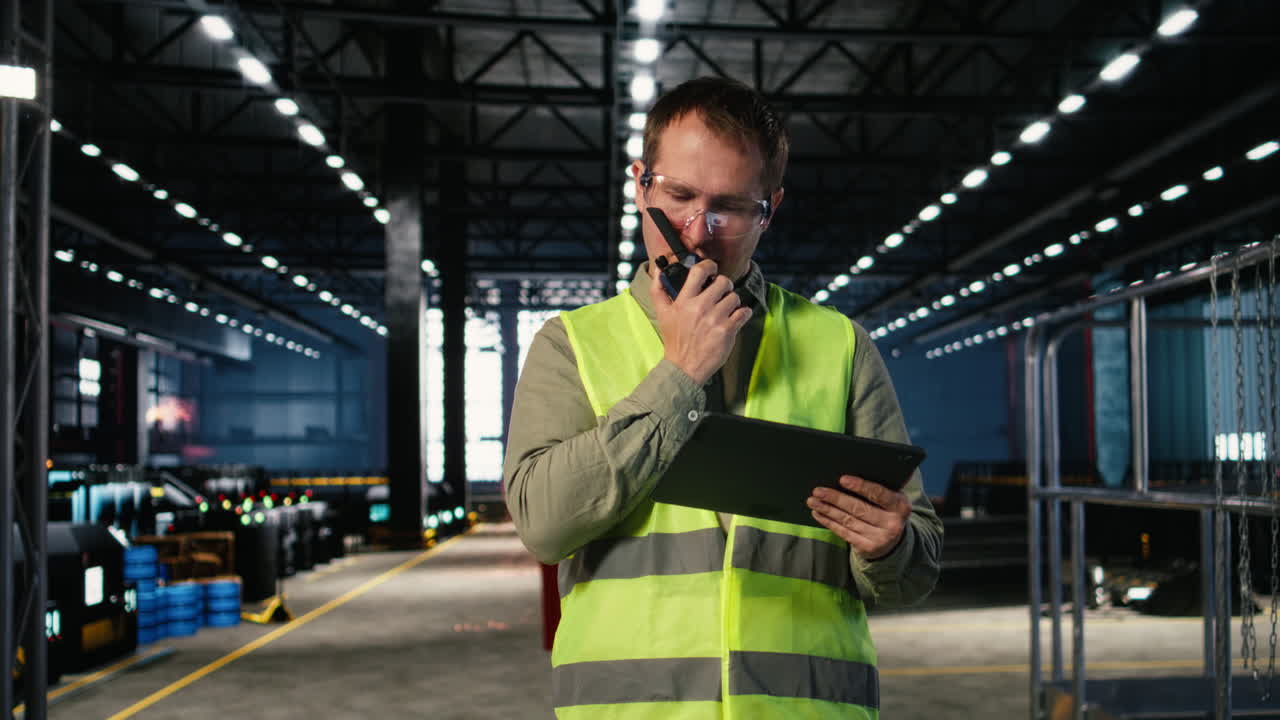 Employee speaking through walkie talkie radio to oversee machinery operation