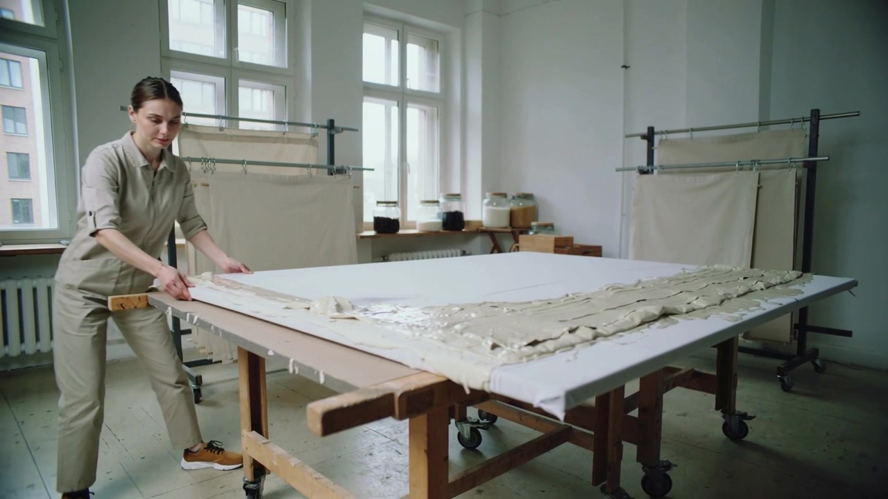 Gripping edge, woman in beige jumpsuit sliding panel across table in studio aligning for mounting